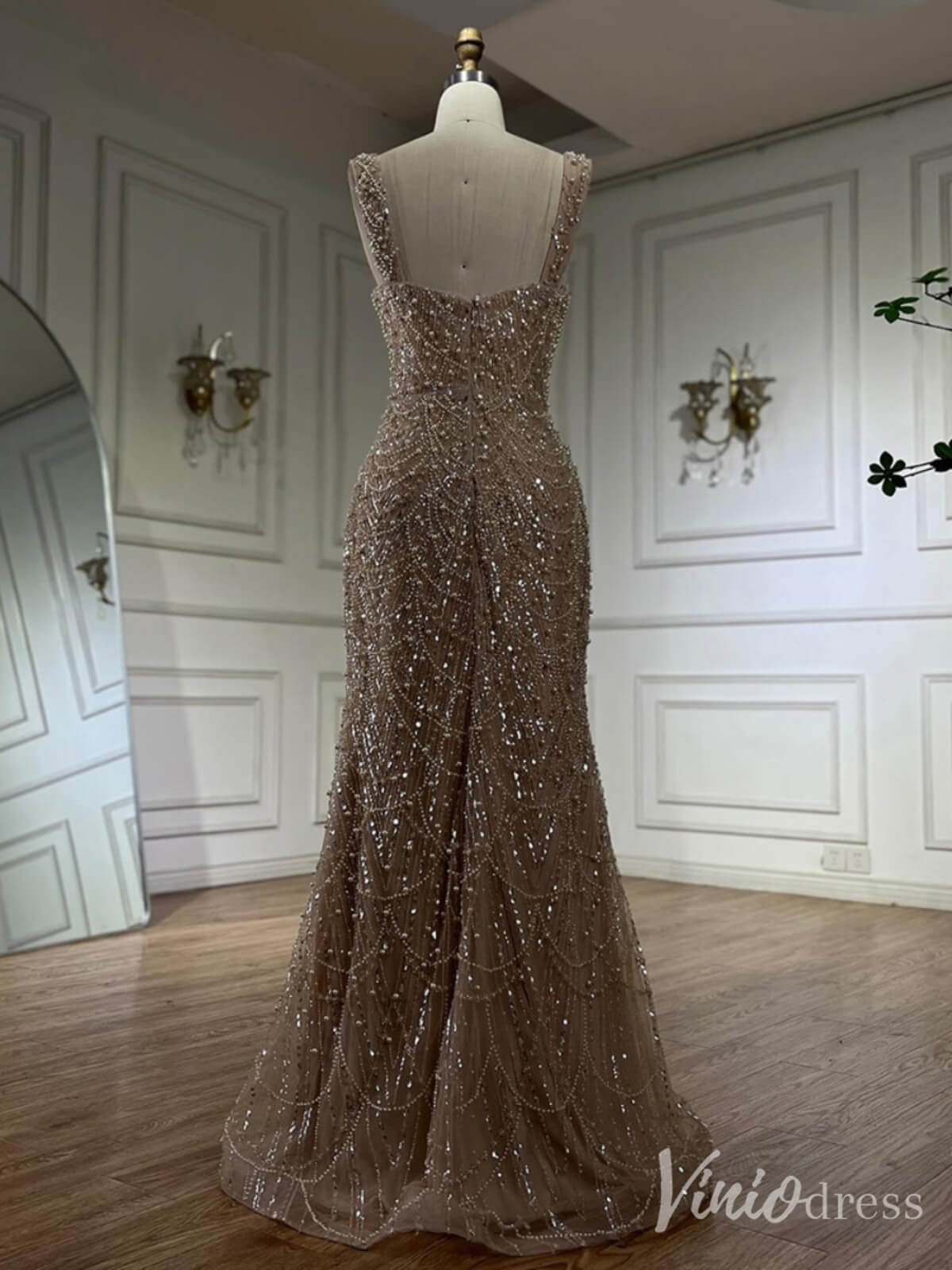 Khaki Beaded String Mermaid Prom Dresses Square Neck Pageant Dress 20220 - ViniodressEvening DressesKhakiUS 2 - Formal Dresses - Ball Gowns