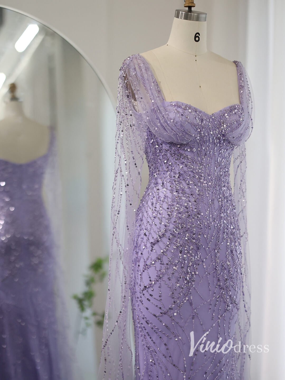 Lavender Beaded Mermaid Evening Dresses Extra Long Sleeve Pageant Dress AD1152 - ViniodressEvening DressesLavenderUS 2 - Formal Dresses - Ball Gowns