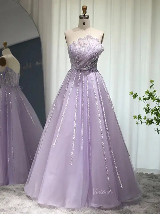 prom dresses 2025 Lavender Beaded Prom Dresses A-Line Strapless Formal Dresses FD3004-plus size wedding dresses Viniodress-Lilac-US 2-