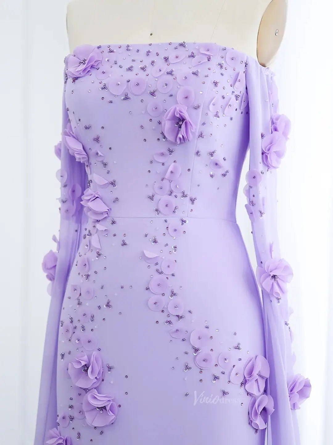 Lavender Floral Prom Dresses Cape Sleeve Beaded Formal Dresses BD007 - ViniodressEvening DressesLavenderUS 2 - Formal Dresses - Ball Gowns