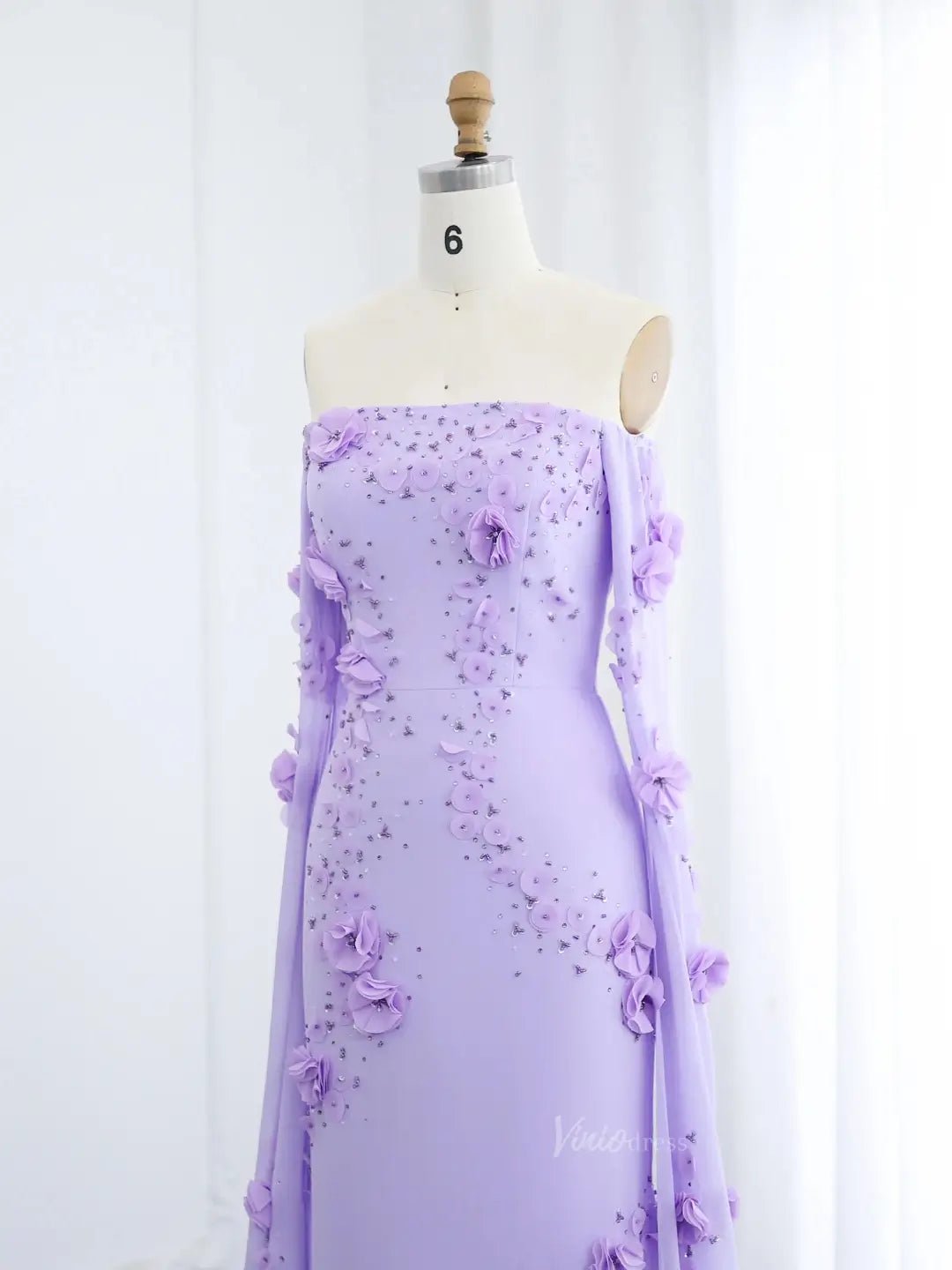 Lavender Floral Prom Dresses Cape Sleeve Beaded Formal Dresses BD007 - ViniodressEvening DressesLavenderUS 2 - Formal Dresses - Ball Gowns