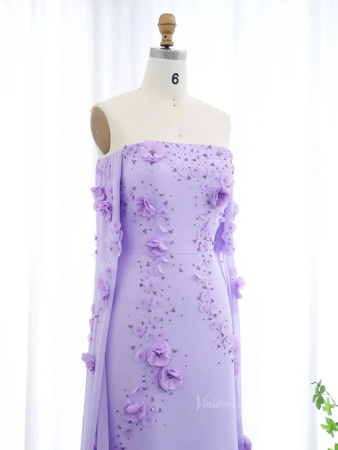 Lavender Floral Prom Dresses Cape Sleeve Beaded Formal Dresses BD007 - ViniodressEvening DressesLavenderUS 2 - Formal Dresses - Ball Gowns