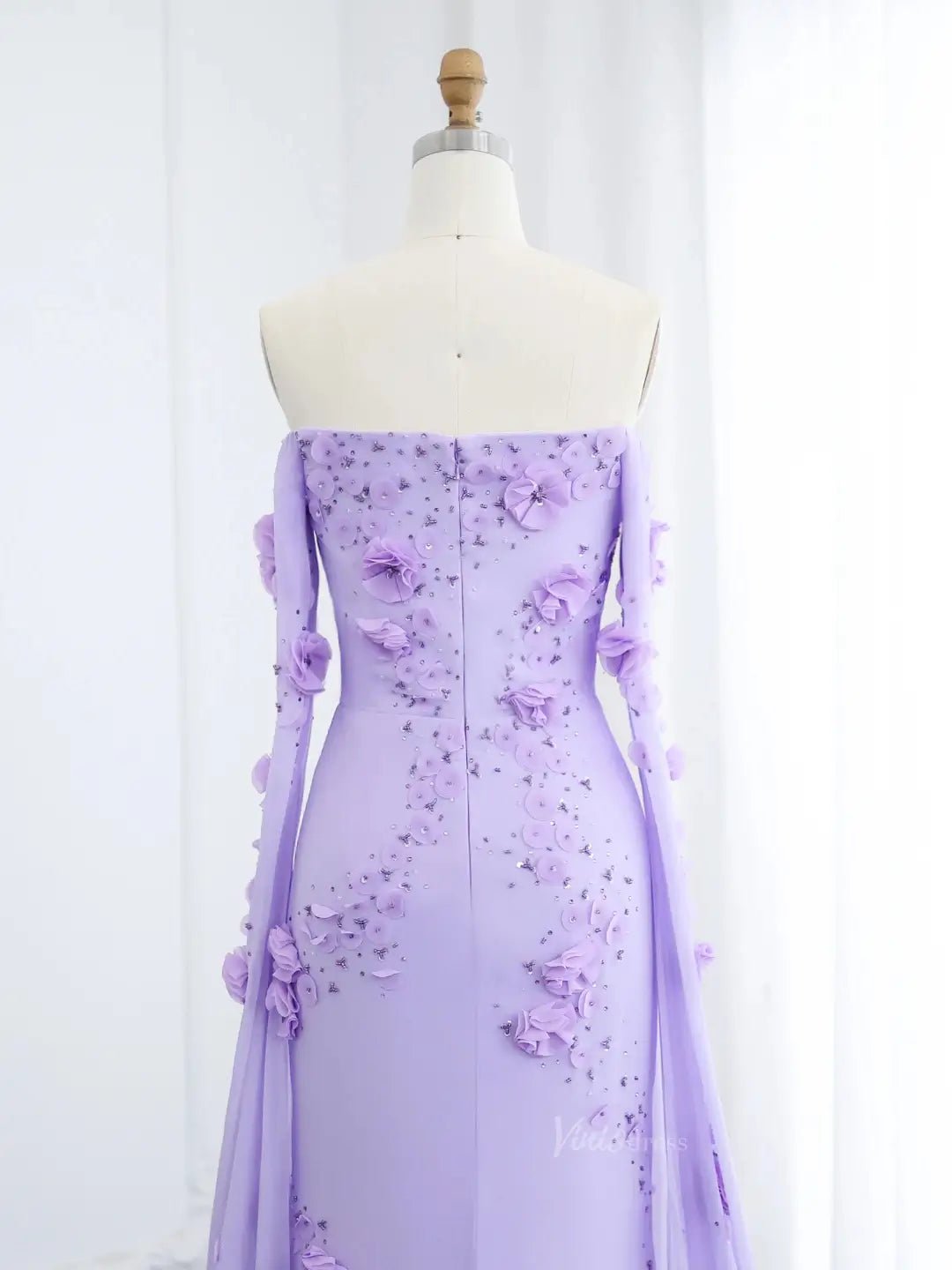 Lavender Floral Prom Dresses Cape Sleeve Beaded Formal Dresses BD007 - ViniodressEvening DressesLavenderUS 2 - Formal Dresses - Ball Gowns