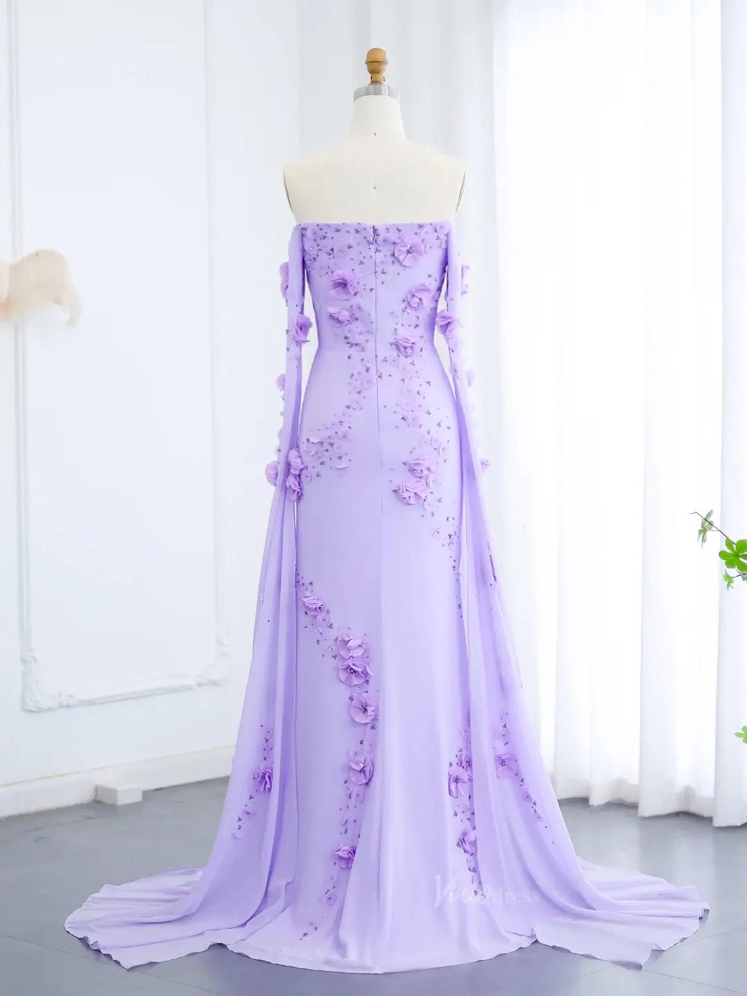 Lavender Floral Prom Dresses Cape Sleeve Beaded Formal Dresses BD007 - ViniodressEvening DressesLavenderUS 2 - Formal Dresses - Ball Gowns