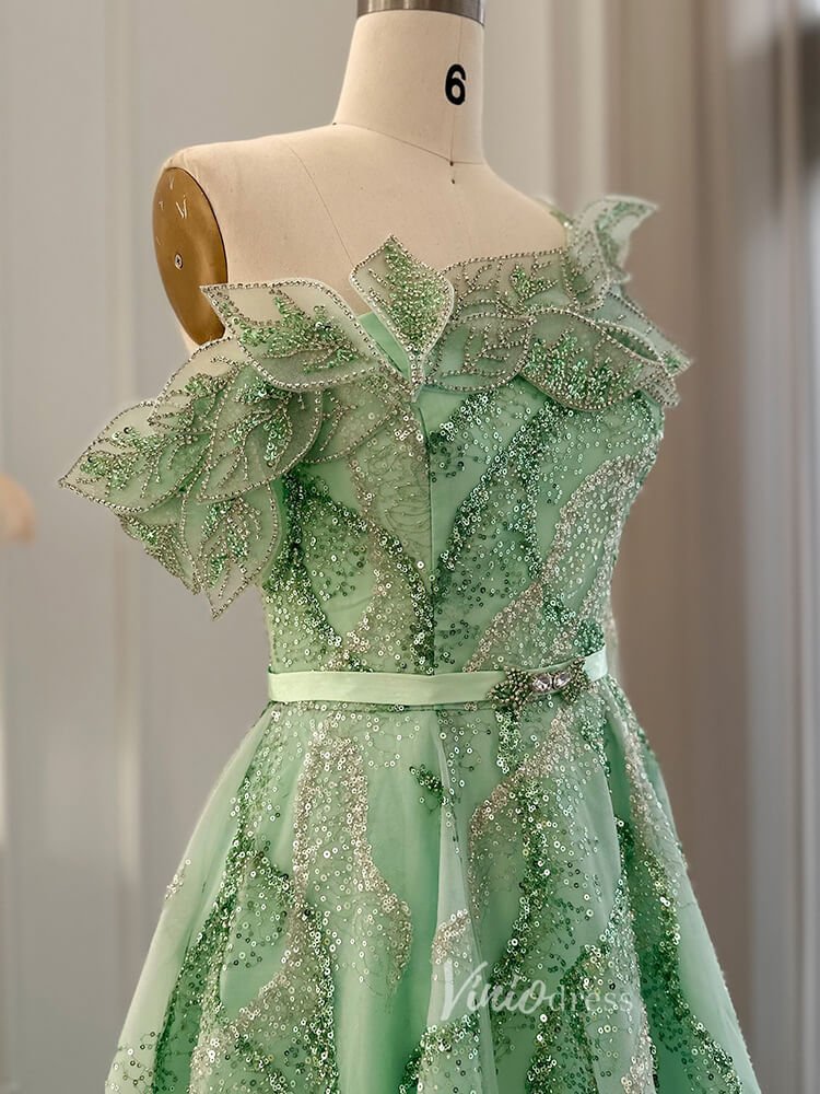 Light Green Beaded Lace Prom Dresses One Shoulder Long Sleeve Formal Dress 20093 - ViniodressEvening DressesLight GreenUS 2 - Formal Dresses - Ball Gowns