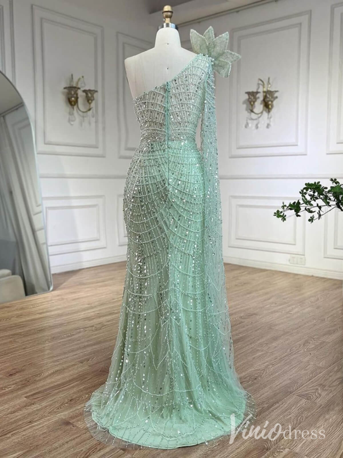 Light Green Beaded One Shoulder Prom Dresses Pearl String Pageant Dress AD1231 - ViniodressEvening DressesLight GreenUS 2 - Formal Dresses - Ball Gowns