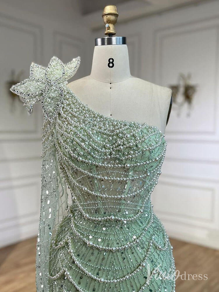 Light Green Beaded One Shoulder Prom Dresses Pearl String Pageant Dress AD1231 - ViniodressEvening DressesLight GreenUS 2 - Formal Dresses - Ball Gowns