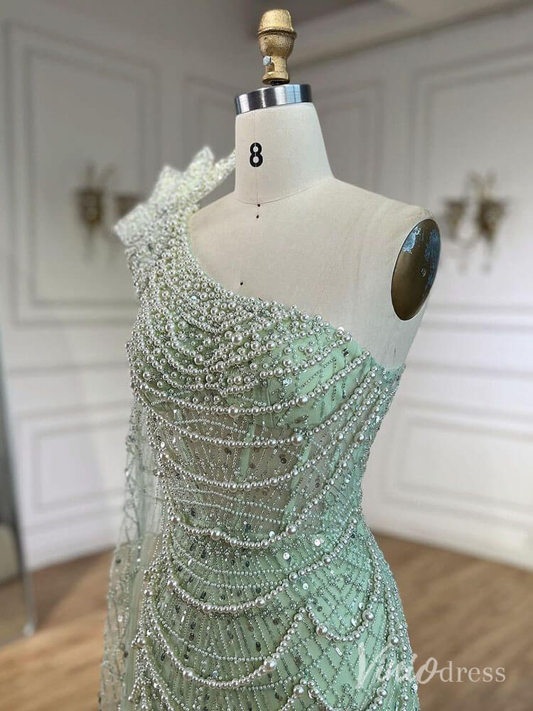 Light Green Beaded One Shoulder Prom Dresses Pearl String Pageant Dress AD1231 - ViniodressEvening DressesLight GreenUS 2 - Formal Dresses - Ball Gowns