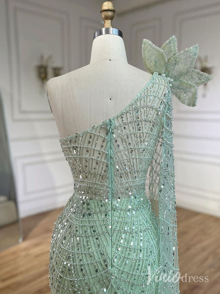 Light Green Beaded One Shoulder Prom Dresses Pearl String Pageant Dress AD1231 - ViniodressEvening DressesLight GreenUS 2 - Formal Dresses - Ball Gowns