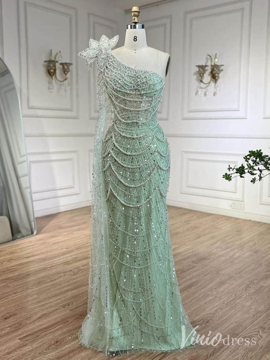 Light Green Beaded One Shoulder Prom Dresses Pearl String Pageant Dress AD1231 - ViniodressEvening DressesLight GreenUS 2 - Formal Dresses - Ball Gowns