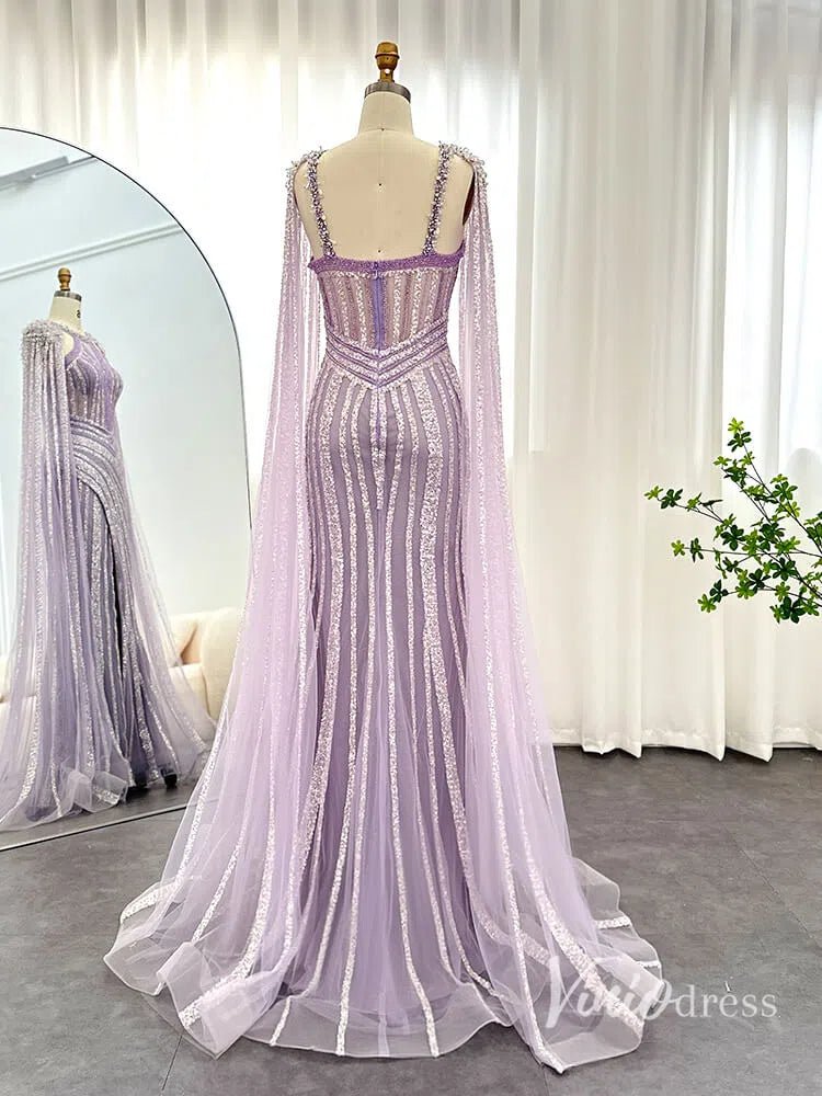 Lilac Beaded Mermaid Evening Dresses with Slit Cape Sleeve Pageant Dress AD1148 - ViniodressEvening DressesLilacUS 2 - Formal Dresses - Ball Gowns