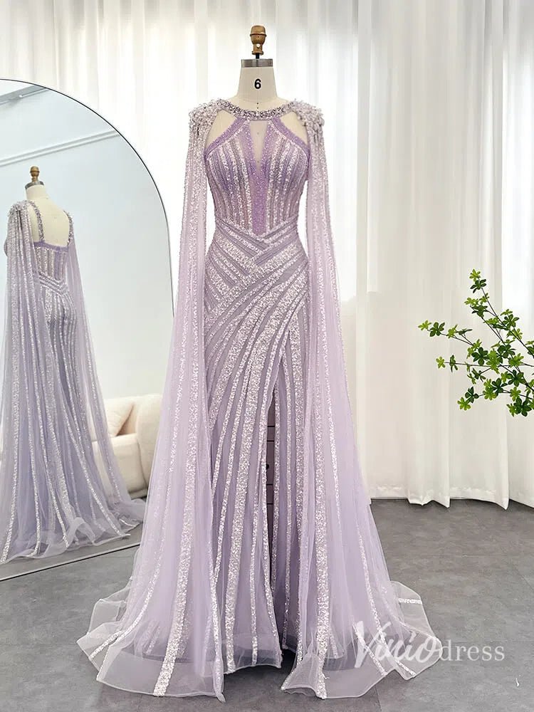 Lilac Beaded Mermaid Evening Dresses with Slit Cape Sleeve Pageant Dress AD1148 - ViniodressEvening DressesLilacUS 2 - Formal Dresses - Ball Gowns