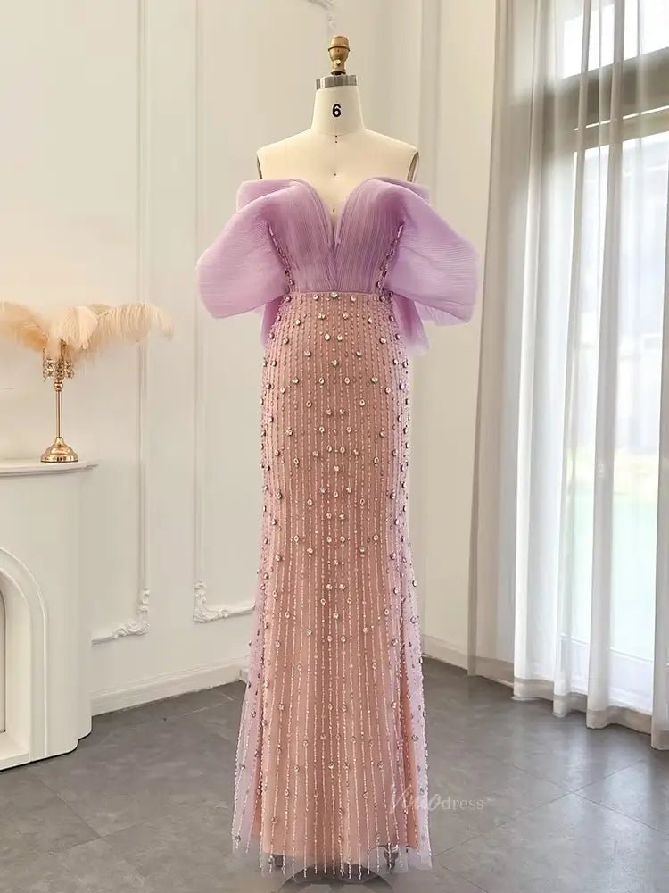 Lilac Sheer Beaded Prom Dresses Off the Shoulder Sweetheart Formal Dresses 20218 - ViniodressEvening DressesChampagneUS 2 - Formal Dresses - Ball Gowns