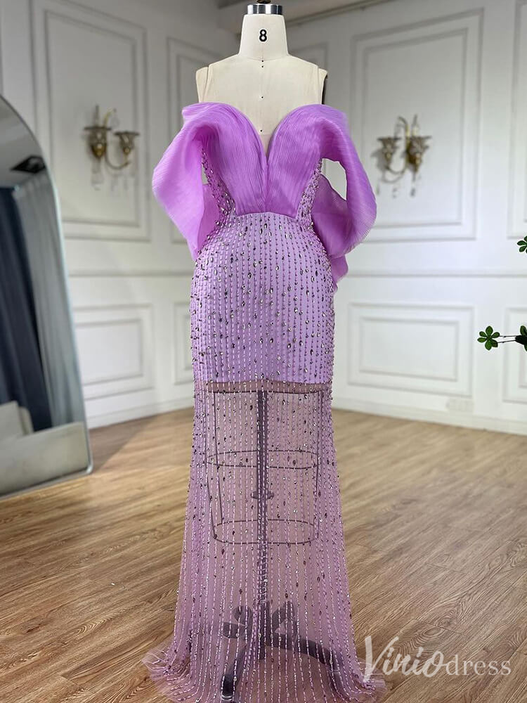 Lilac Sheer Beaded Prom Dresses Off the Shoulder Sweetheart Formal Dresses 20218 - ViniodressEvening DressesLavenderUS 2 - Formal Dresses - Ball Gowns