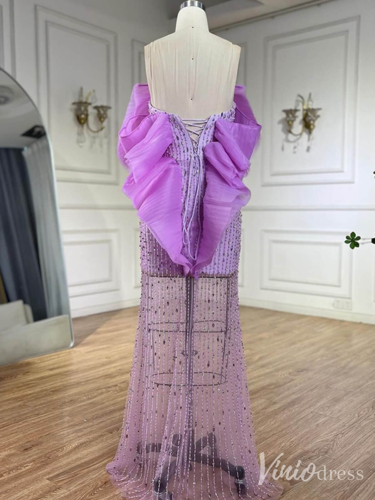 Lilac Sheer Beaded Prom Dresses Off the Shoulder Sweetheart Formal Dresses 20218 - ViniodressEvening DressesLavenderUS 2 - Formal Dresses - Ball Gowns