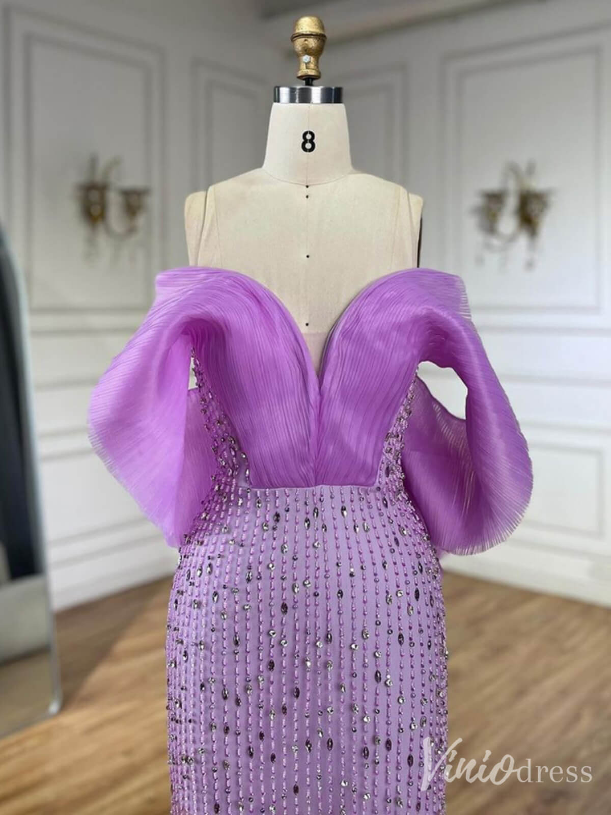 Lilac Sheer Beaded Prom Dresses Off the Shoulder Sweetheart Formal Dresses 20218 - ViniodressEvening DressesLavenderUS 2 - Formal Dresses - Ball Gowns