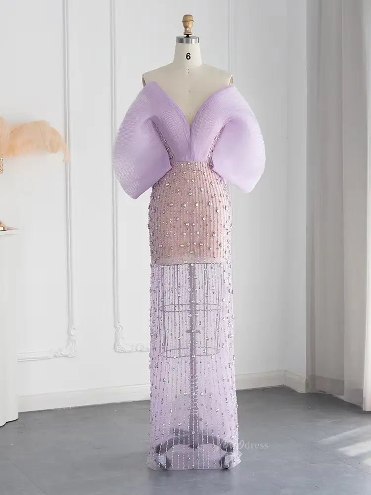 Lilac Sheer Beaded Prom Dresses Off the Shoulder Sweetheart Formal Dresses 20218 - ViniodressEvening DressesLilacUS 2 - Formal Dresses - Ball Gowns