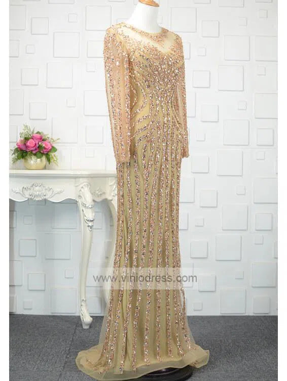 Prom Dress 2025 Long Sleeve Gold Beaded Prom Dresses 20s Party Dress FD1437-unique prom dresses-Gold-US 2-Viniodress