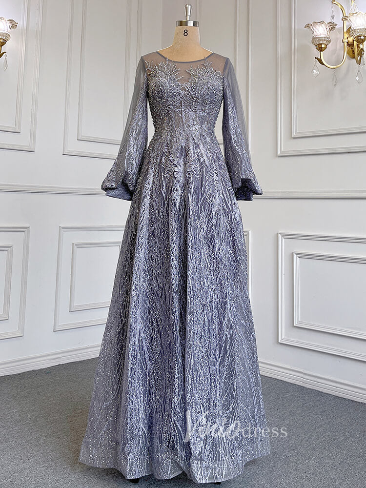 Prom Dress 2025 Long Sleeve Gray Lace Mother of the Bride Dresses 20005-unique prom dresses-Grey-US 2-Viniodress