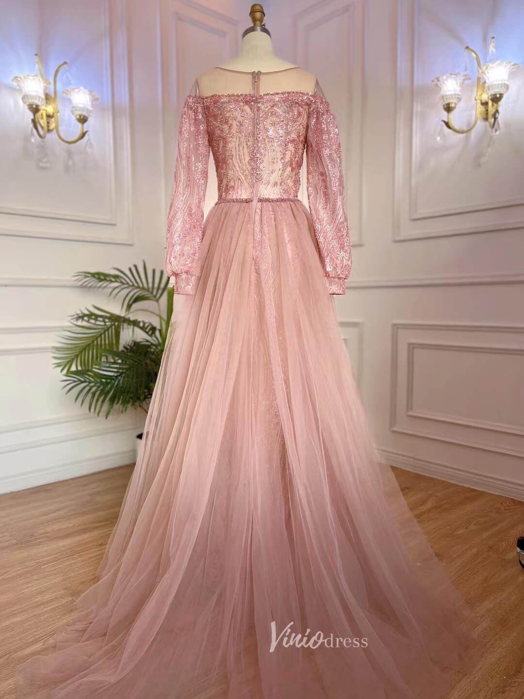 Prom Dress 2025 Long Sleeve Overskirt Evening Dresses Beaded Mother of the Bride Dress 20053-unique prom dresses-As Picture-US 2-Viniodress