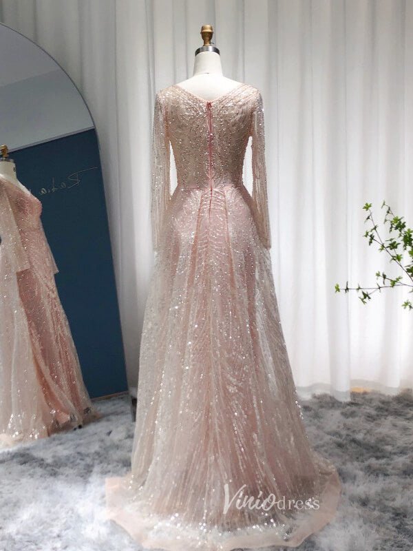 Long Sleeve Pink Beaded Lace Prom Dresses Overskirt Evening Dress 20089 - ViniodressEvening DressesPinkUS 2 - Formal Dresses - Ball Gowns