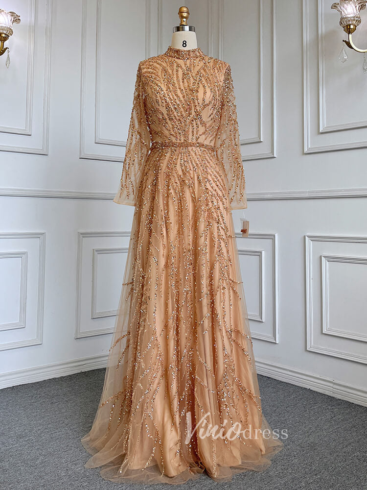 Prom Dress 2025 Luxury Beaded Evening Dresses High Neck Long Sleeve Mother of the Bride Dress 20019-unique prom dresses-Gold-US 2-Viniodress