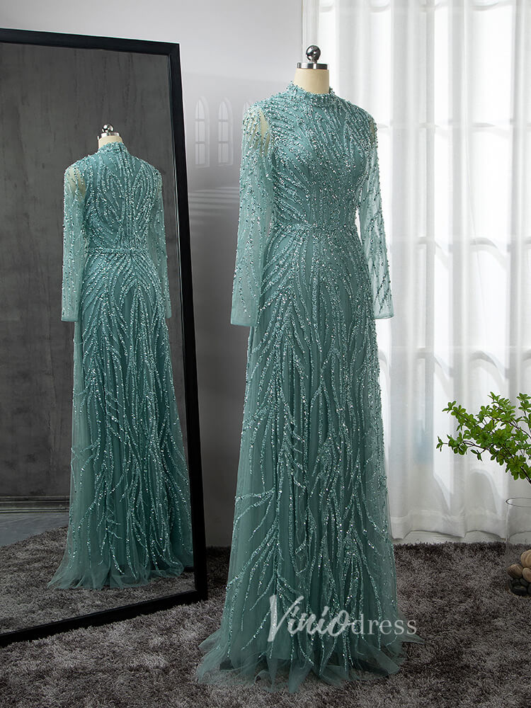 Prom Dress 2025 Luxury Beaded Evening Dresses High Neck Long Sleeve Mother of the Bride Dress 20019-unique prom dresses-Light Green-US 2-Viniodress