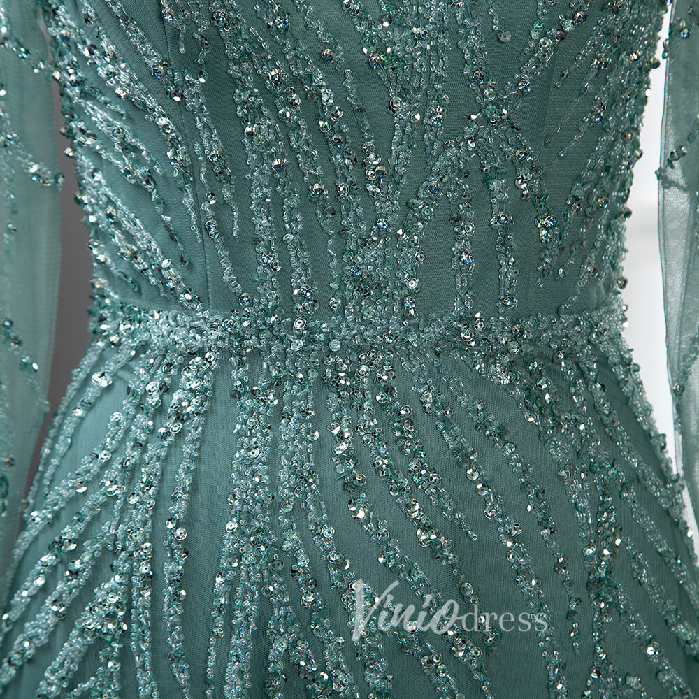 Prom Dress 2025 Luxury Beaded Evening Dresses High Neck Long Sleeve Mother of the Bride Dress 20019-unique prom dresses-Light Green-US 2-Viniodress