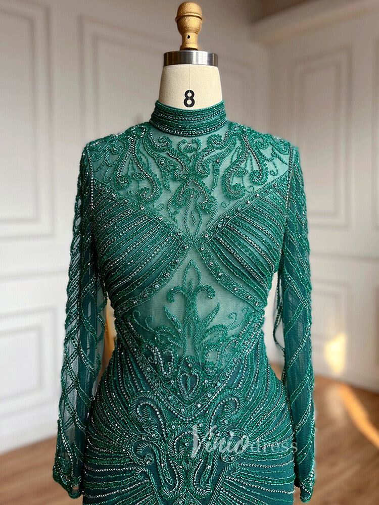 Prom Dress 2025 Luxury Beaded Long Sleeve Evening Dresses High Neck Mother of the Bride Dress 20018-unique prom dresses-As Picture-US 2-Viniodress