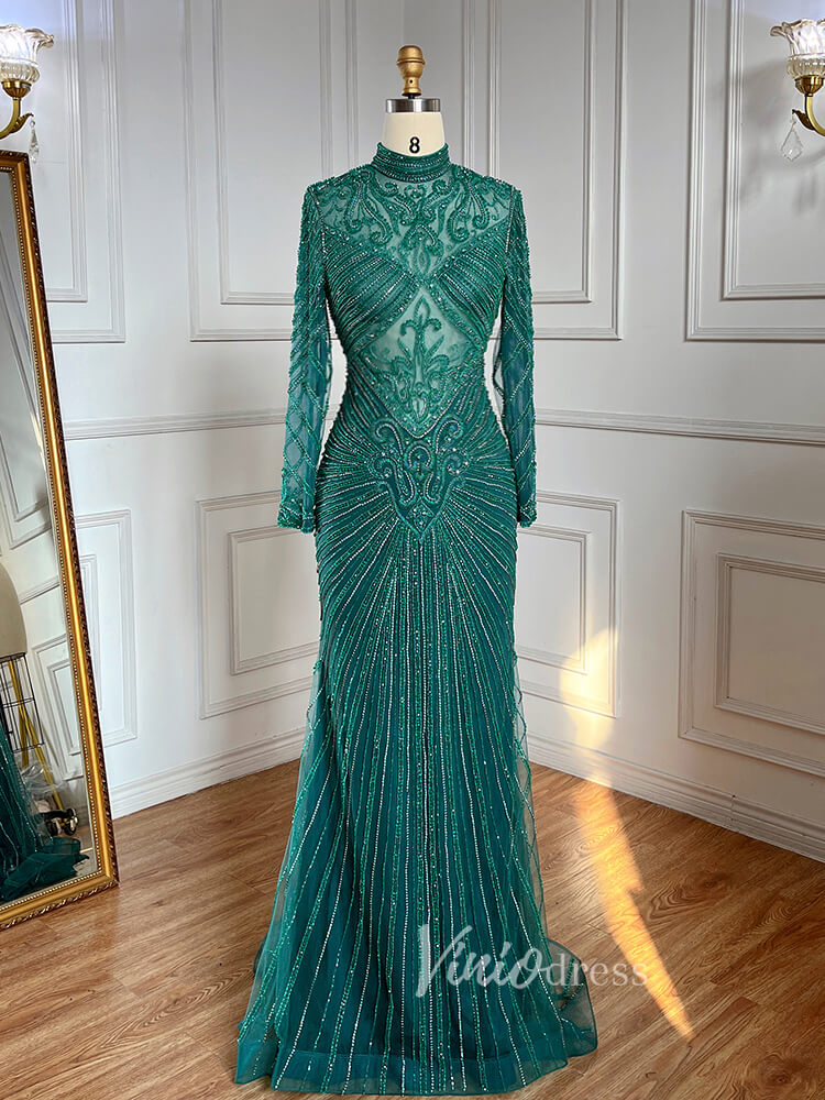 Prom Dress 2025 Luxury Beaded Long Sleeve Evening Dresses High Neck Mother of the Bride Dress 20018-unique prom dresses-Green-US 2-Viniodress