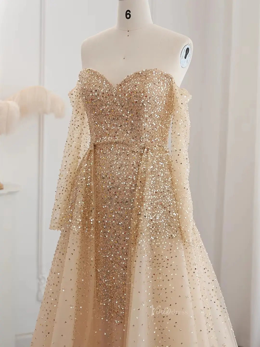 Luxury Gold Prom Dresses Overskirt Formal Dresses Off the Shoulder Long Sleeves BD051 - ViniodressEvening DressesGoldUS 2 - Formal Dresses - Ball Gowns