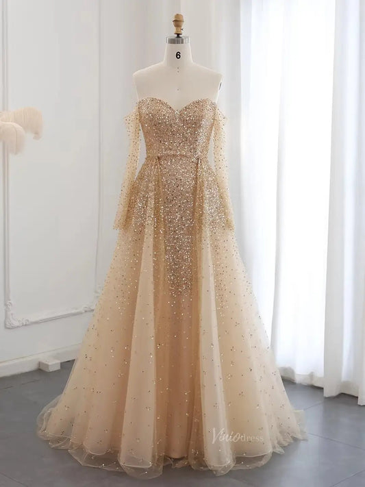 Luxury Gold Prom Dresses Overskirt Formal Dresses Off the Shoulder Long Sleeves BD051 - ViniodressEvening DressesGoldUS 2 - Formal Dresses - Ball Gowns