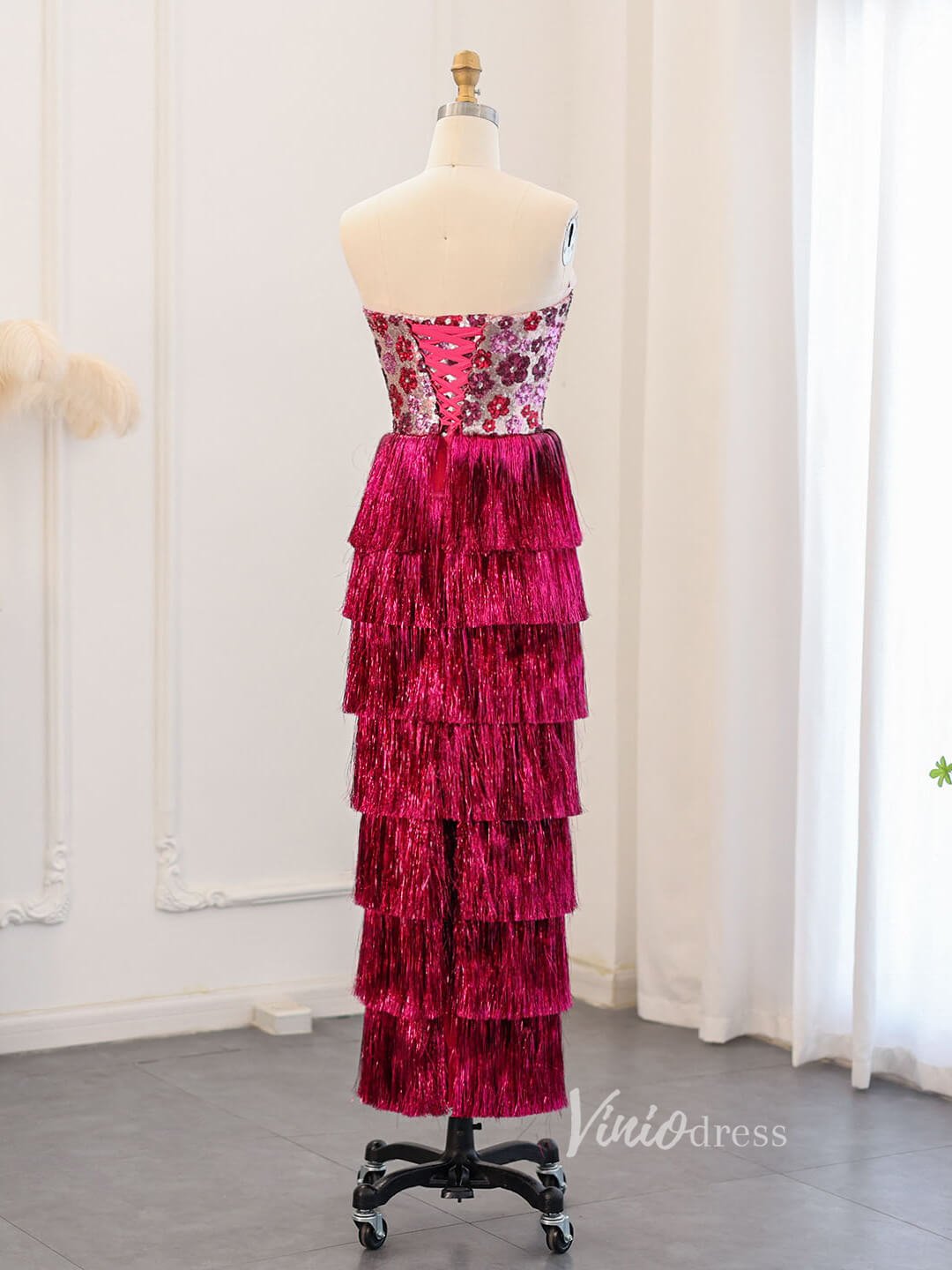 Magenta Floral Sequin Prom Dresses Tassel Tiered Formal Dress AD1180 - ViniodressEvening DressesMagentaUS 2 - Formal Dresses - Ball Gowns