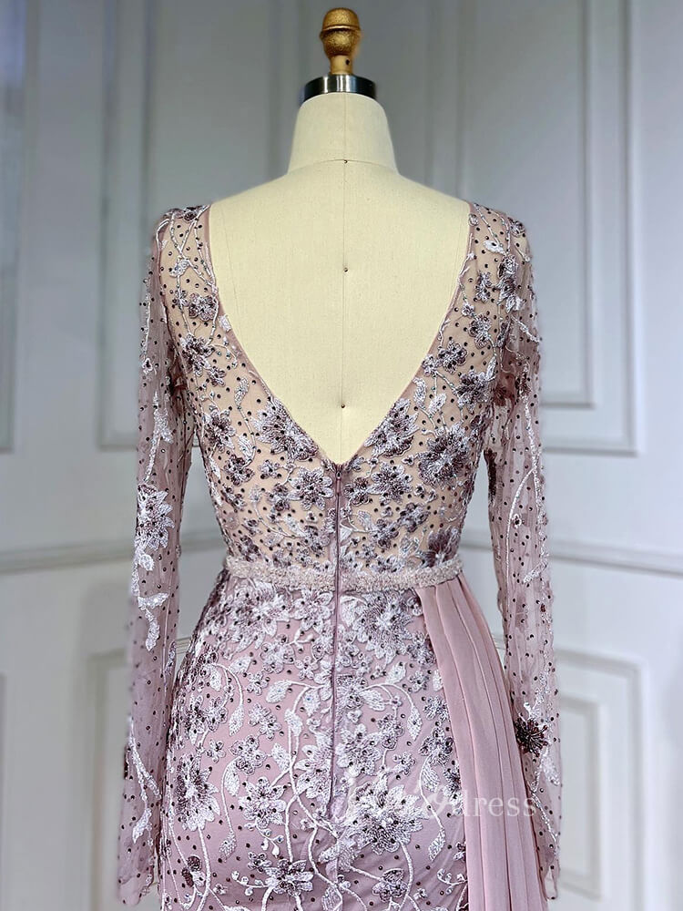 Prom Dress 2025 Modest Long Sleeve Evening Dresses Beaded Lace Prom Dress with Chiffon Train 20031-unique prom dresses-Pink-US 2-Viniodress