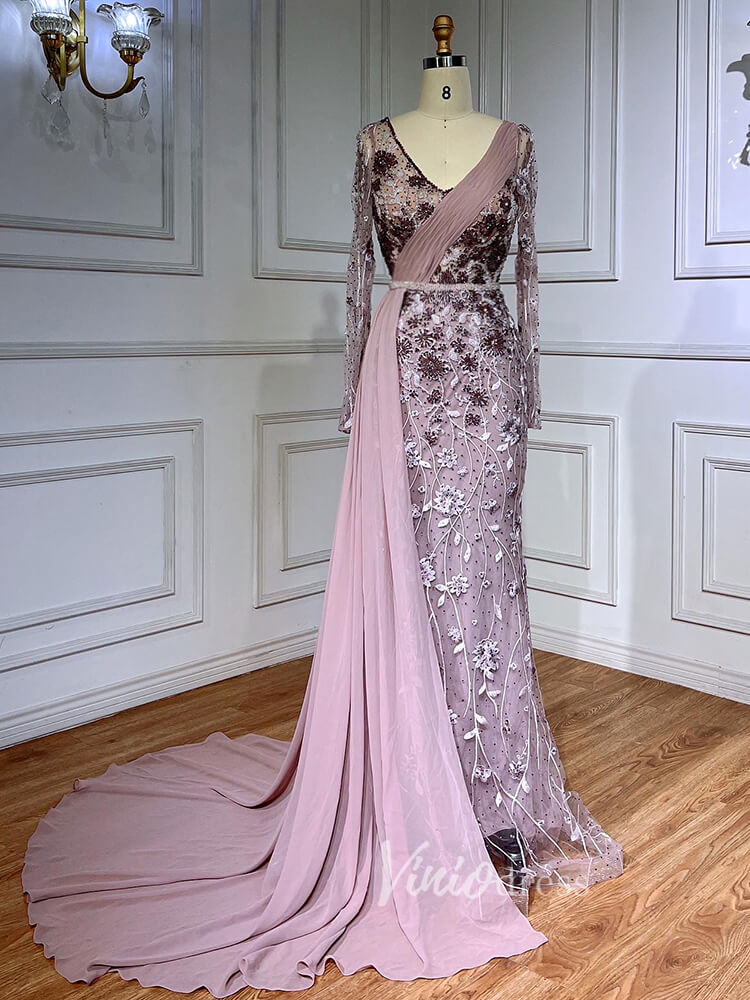 Prom Dress 2025 Modest Long Sleeve Evening Dresses Beaded Lace Prom Dress with Chiffon Train 20031-unique prom dresses-Pink-US 2-Viniodress