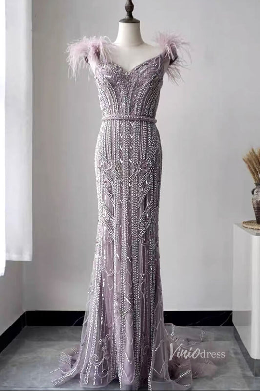 Prom Dress 2025 Off Shoulder Feather Beaded Mauve Prom Dresses 20s Party Dress FD2615-unique Prom Dresses-Mauve-US2-Viniodress