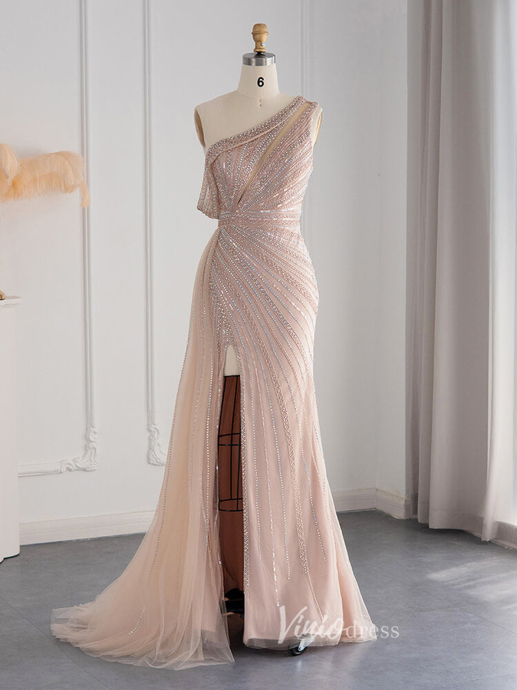 Prom Dress 2025 One Shoulder Beaded Prom Dresses High Slit 1920s Evening Dress 20078-unique prom dresses-Blush Pink-US 2-Viniodress