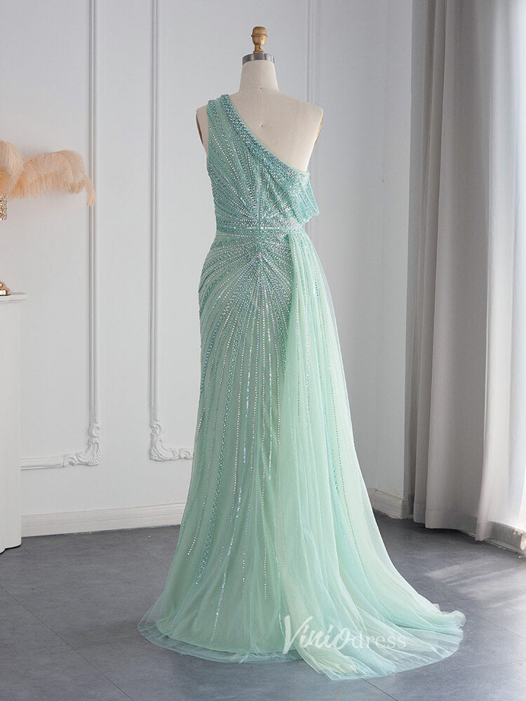 Prom Dress 2025 One Shoulder Beaded Prom Dresses High Slit 1920s Evening Dress 20078-unique prom dresses-Light Green-US 2-Viniodress