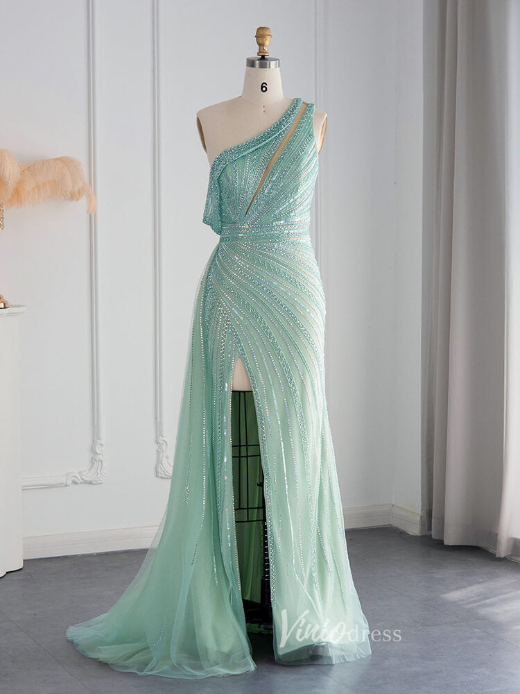 Prom Dress 2025 One Shoulder Beaded Prom Dresses High Slit 1920s Evening Dress 20078-unique prom dresses-Light Green-US 2-Viniodress