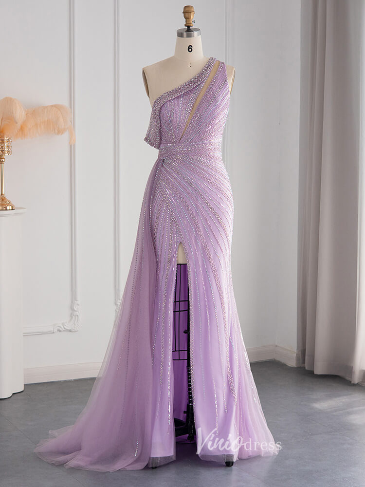 Prom Dress 2025 One Shoulder Beaded Prom Dresses High Slit 1920s Evening Dress 20078-unique prom dresses-Lilac-US 2-Viniodress