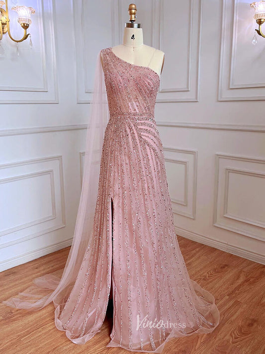 Prom Dress 2025 One Shoulder Beaded Prom Dresses Watteau Train 1920s Evening Dress with Slit 20045-unique prom dresses-Pink-US 2-Viniodress