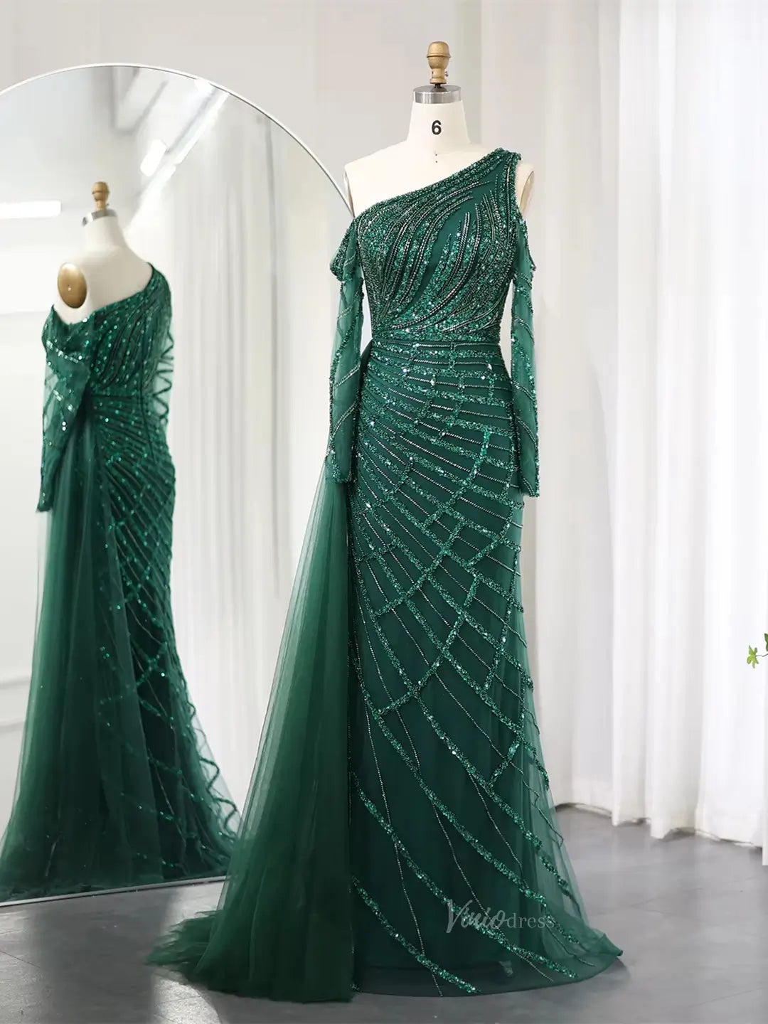 prom dresses 2025 One Shoulder Beaded Prom Dresses with Long Sleeves, Tulle Overskirt BD027-plus size wedding dresses Viniodress-Green-US 2-