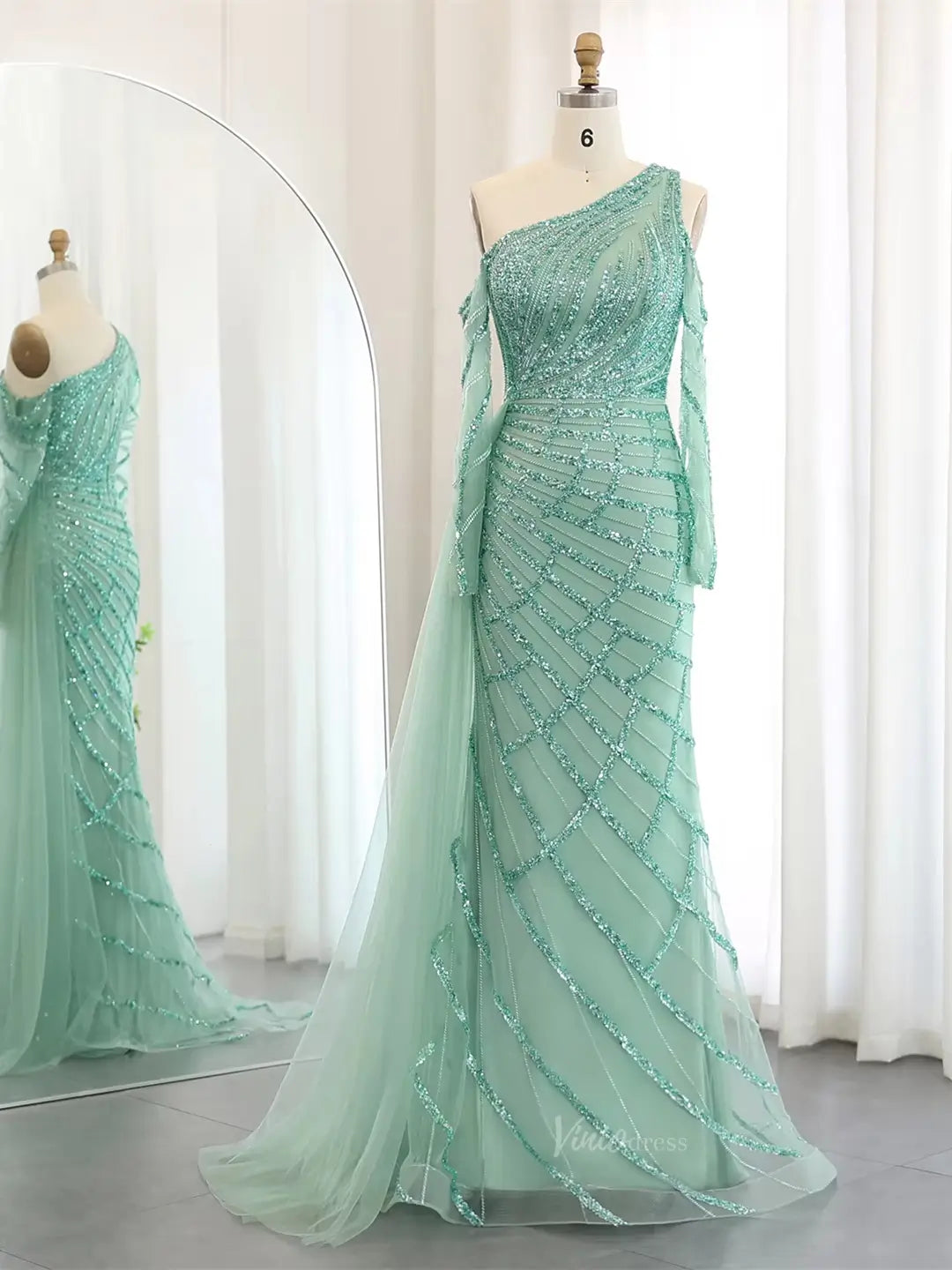 prom dresses 2025 One Shoulder Beaded Prom Dresses with Long Sleeves, Tulle Overskirt BD027-plus size wedding dresses Viniodress-Light Green-US 2-