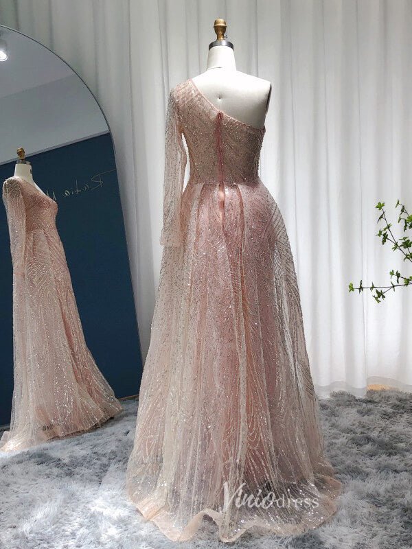 One Shoulder Long Sleeve Pink Beaded Lace Prom Dresses Overskirt Evening Dress 20088 - ViniodressEvening DressesPinkUS 2 - Formal Dresses - Ball Gowns