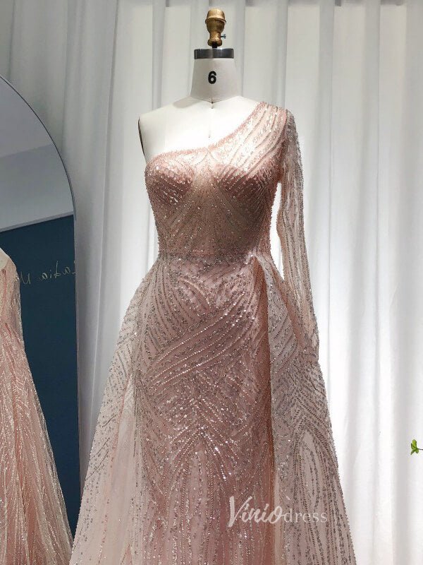 One Shoulder Long Sleeve Pink Beaded Lace Prom Dresses Overskirt Evening Dress 20088 - ViniodressEvening DressesPinkUS 2 - Formal Dresses - Ball Gowns