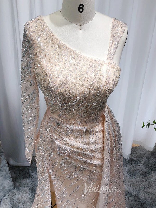 One Shoulder Long Sleeve Prom Dresses High Slit Champagne Beaded Evening Dress 20090 - ViniodressEvening DressesChampagneUS 2 - Formal Dresses - Ball Gowns