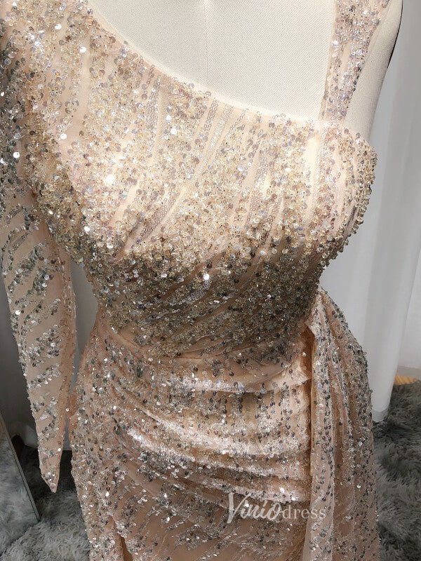 One Shoulder Long Sleeve Prom Dresses High Slit Champagne Beaded Evening Dress 20090 - ViniodressEvening DressesChampagneUS 2 - Formal Dresses - Ball Gowns