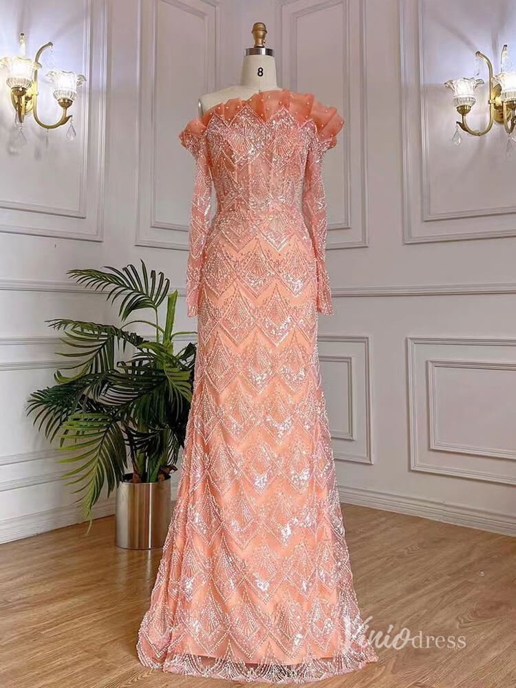 Orange Beaded Long Sleeve Evening Dresses Off the Shoulder Mother of the Bride Dresses AD1128 - ViniodressEvening DressesOrangeUS 2 - Formal Dresses - Ball Gowns