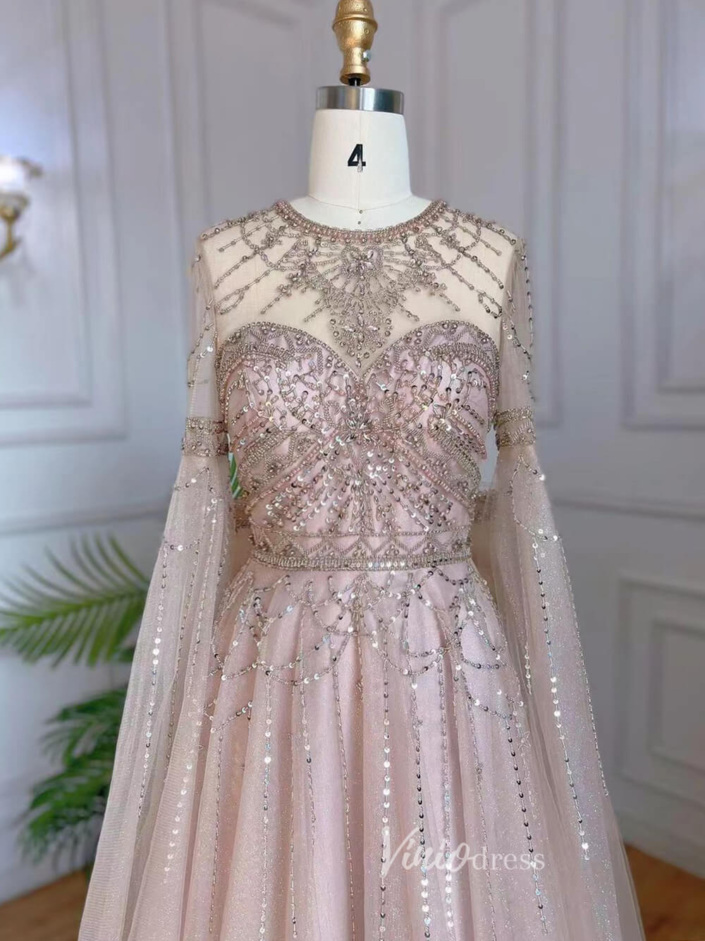 Prom Dress 2025 Pink Beaded A-line Prom Dresses Extra Long Sleeve Evening Dress 20068-unique prom dresses-Blush Pink-US 2-Viniodress