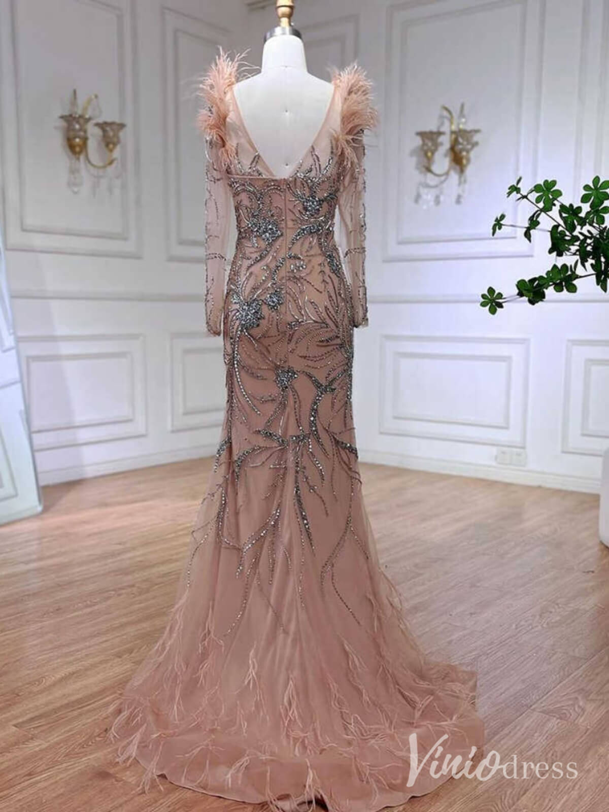 Pink Beaded Lace Mermaid Prom Dresses Feathers Long Sleeve Pageant Dress AD1257 - ViniodressEvening DressesPinkUS 2 - Formal Dresses - Ball Gowns